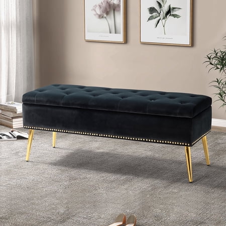 Tina's Home Velvet Storage Ottoman Bench 45.5" Gold Leg Upholstered Nailhead Trim Button Tufted Bed Foot Stool Home Entryway Black