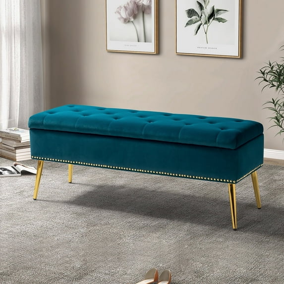 Velvet Storage Ottoman Bench 45.5" Gold Leg Upholstered Nailhead Trim Button Tufted Bed Foot Stool Home Entryway Teal