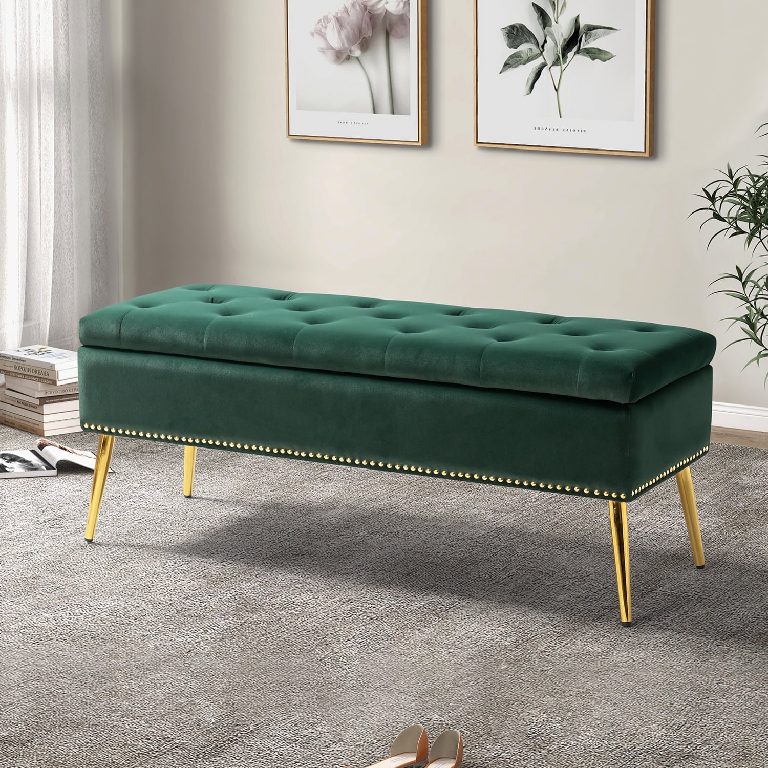 Free Shipping! Velvet Storage Ottoman Bench Gold Leg