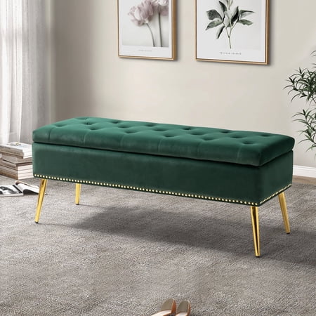 Tina's Home Velvet Storage Ottoman Bench 45.5" Gold Leg Upholstered Nailhead Trim Button Tufted Bed Foot Stool Home Living Room Green