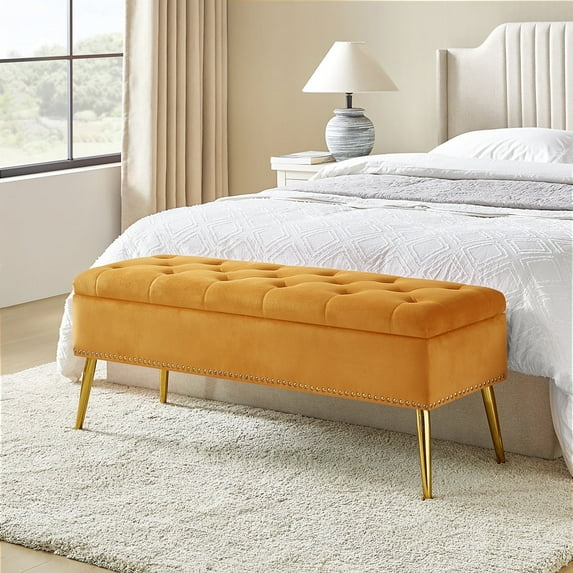 45" Velvet Storage Bench Upholstered Tufted End of Bed Bench Bedroom Entryway Mustard