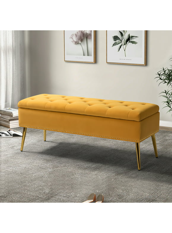 Velvet Storage Ottoman Bench 45.5" Gold Leg Upholstered Nailhead Trim Button Tufted Bed Foot Stool Home Living Room Mustard