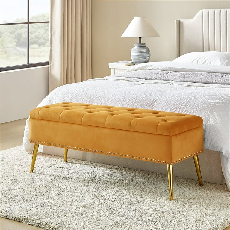 Velvet Bedroom Seat: Storage Ottoman Bench with Gold Leg
