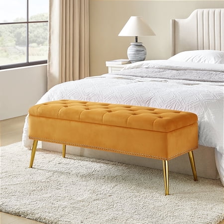 Tina's Home 45" Velvet Storage Bench Upholstered Tufted End of Bed Bench Bedroom Entryway Mustard