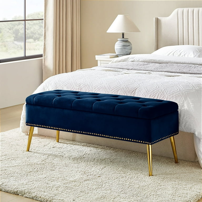 Entryway Bench Navy Velvet Ottoman Bench 59 Inch Modern Velvet
