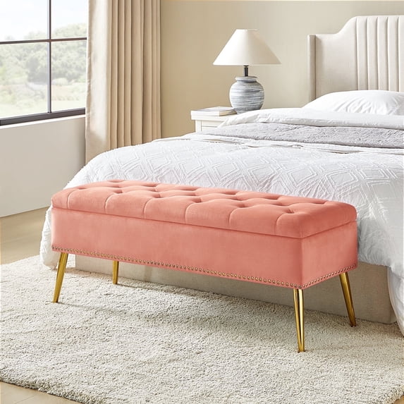 Tina's Home Velvet Storage Bench 45" Upholstered End of Bed Foot Stool Bedroom Entryway Pink