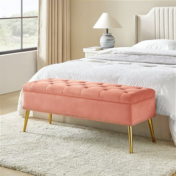 Velvet Storage Bench 45" Upholstered End of Bed Foot Stool Bedroom Entryway Pink