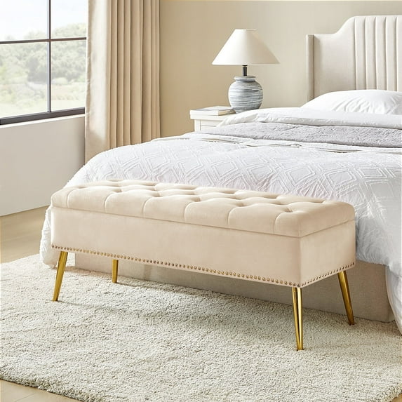 Velvet Storage Bench 45" Upholstered End of Bed Foot Stool Bedroom Entryway Tan