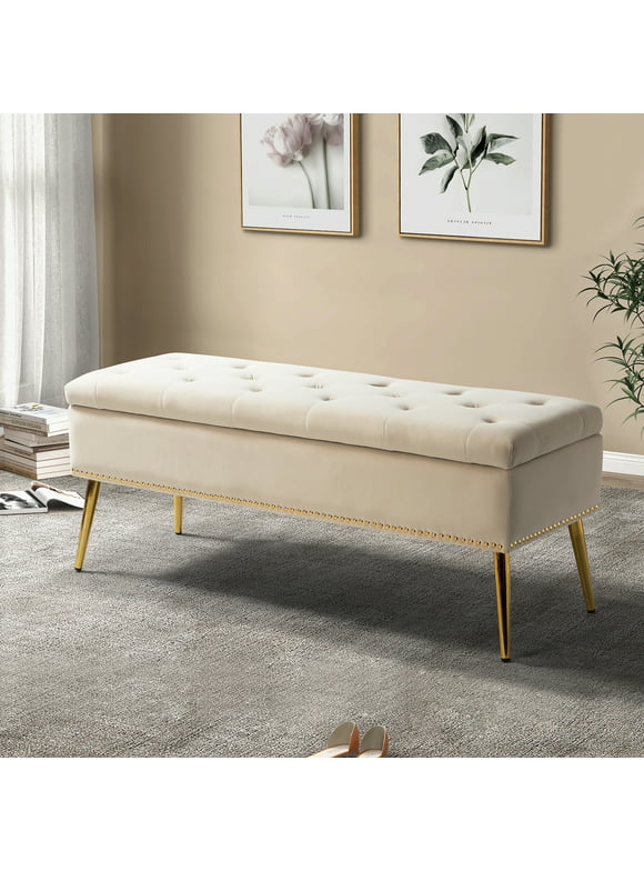 Velvet Storage Ottoman Bench 45.5" Gold Leg Upholstered Nailhead Trim Button Tufted Bed Foot Stool Home Living Room Tan