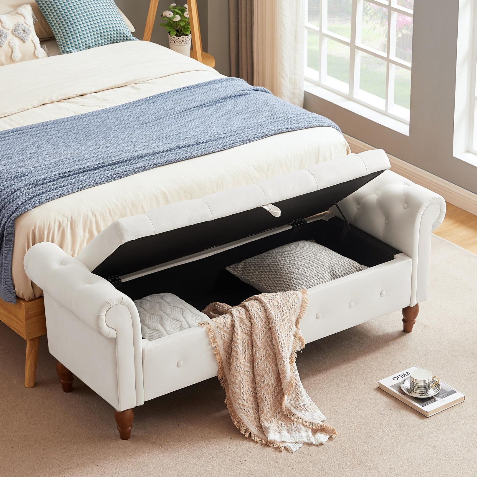 Velvet Storage Ottoman, End of Bed Storage Bench with Solid Wood Legs