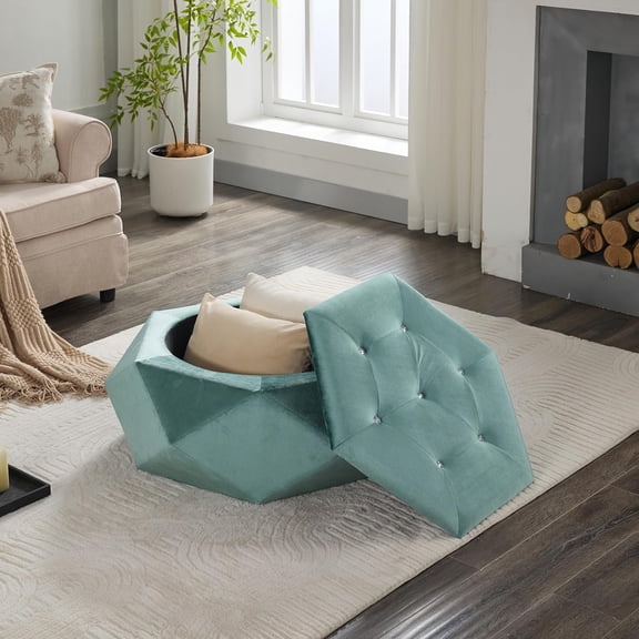 Velvet Storage Ottoman Polygon Diamond Tufted Ottoman with Lid Multi-Functional Footrest and Seating Cube for Bedroom Entryway Foot Rest Stool, Gree