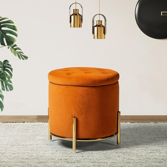 Velvet Storage Ottoman Round Footrest Stool Button Tufted Gold Legs Living Room Bedroom Orange