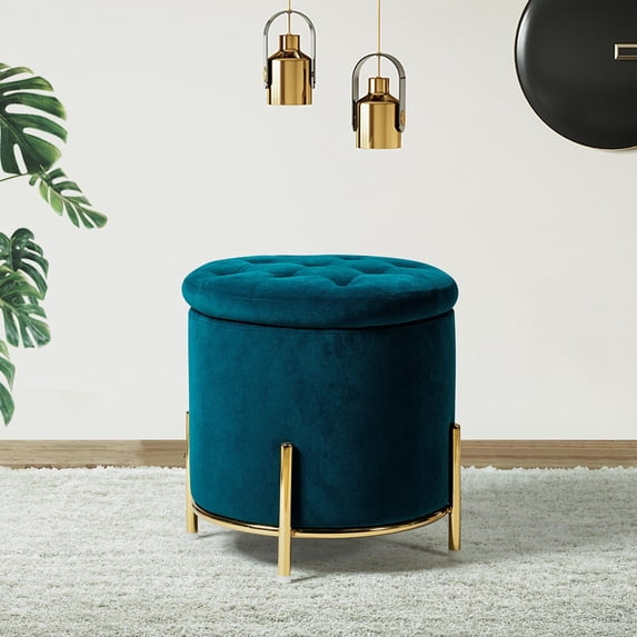 Velvet Storage Ottoman Round Footrest Stool Button Tufted Gold Legs Living Room Bedroom Teal