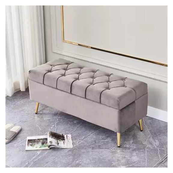 Velvet Storage Ottoman Upholstered End of Bed Bench,Flip Top Entryway Bench Rectangular Bench with Gold Base,Upholstered Bedroom Sofa Bench for Home