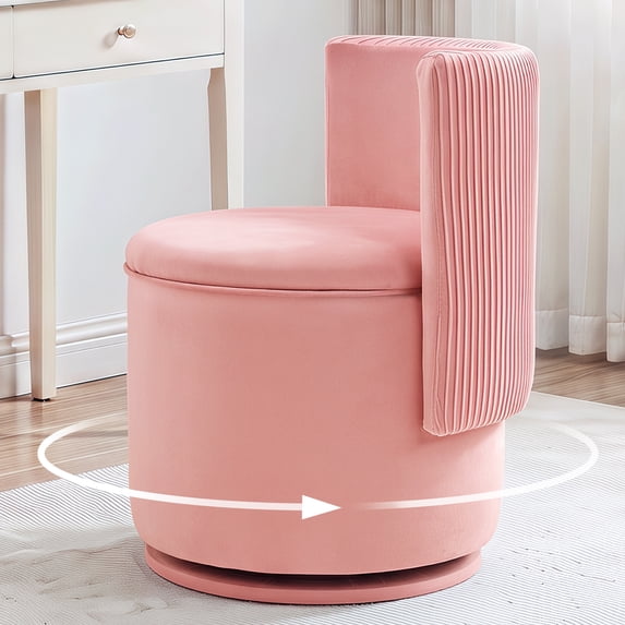 Furniliving Velvet Storage Vanity Chair, 360° Swivel Ottoman with Wavy Back & Hidden Compartment, Upholstered Accent Stool for Bedroom Living Room, Pink