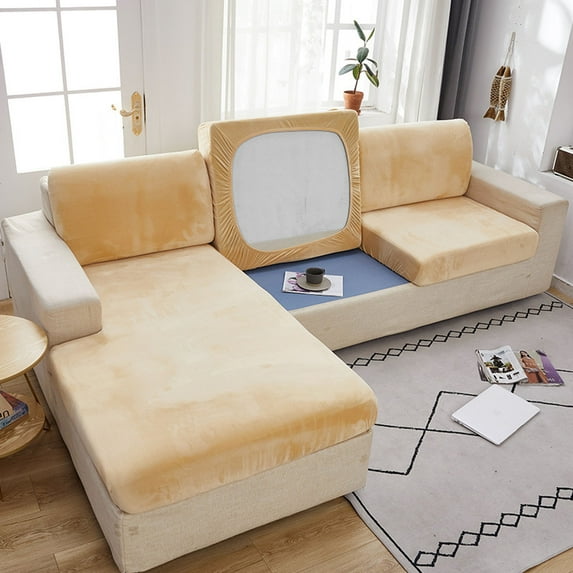Velvet Stretch 1 2 3 Cushion Couch Cover for Individual Cushion L-Shaped Sofa Sectional Couch Sofa Slipcover Furniture Protector-Beige-3 Seater(1pcs)-Beige-Sofa (3 PCS)