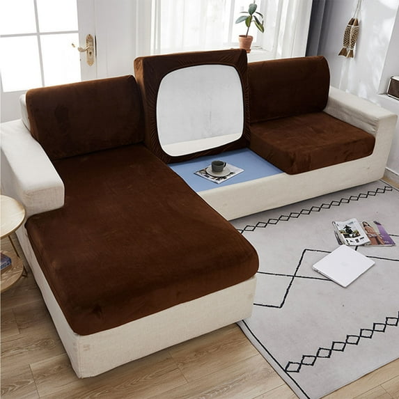 Velvet Stretch 1 2 3 Cushion Couch Cover for Individual Cushion L-Shaped Sofa Sectional Couch Sofa Slipcover Furniture Protector-coffee-3 Seater(1pcs)-coffee-Sofa (3 PCS)