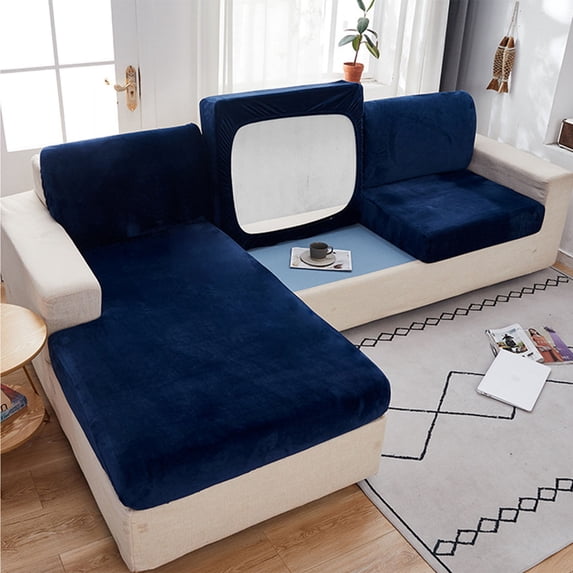 Velvet Stretch 1 2 3 Cushion Couch Cover for Individual Cushion L-Shaped Sofa Sectional Couch Sofa Slipcover Furniture Protector-Navy-Chair (1 PCS)