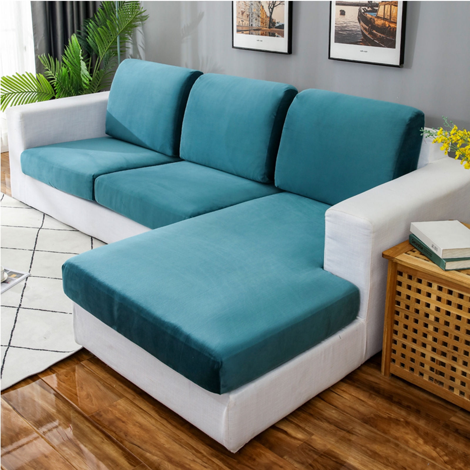 Velvet Stretch Cushion Cover Sofa Slipcover For L-Shaped Sofa Chaise Longue 1 2 3 Cushion Couch Sofa Cover Soft Furniture Protector -Lake blue-Chair