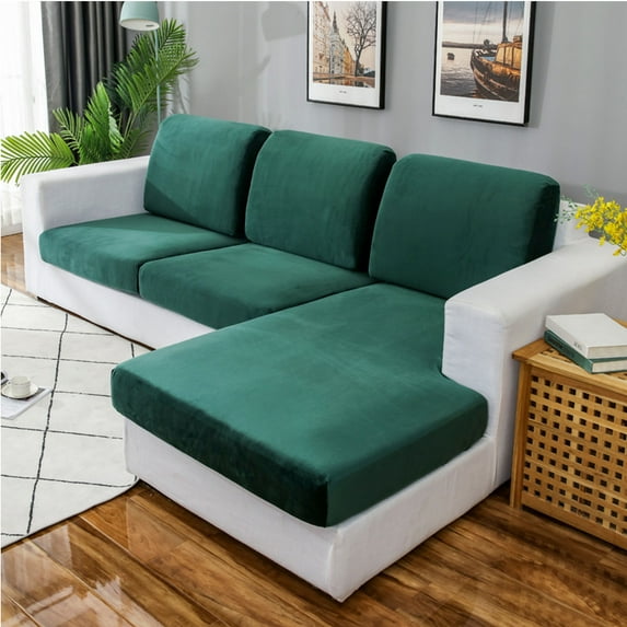 Velvet Stretch Cushion Cover Sofa Slipcover For L-Shaped Sofa Chaise Longue 1 2 3 Cushion Couch Sofa Cover Soft Furniture Protector -Dark green-XL chaise longue(left)