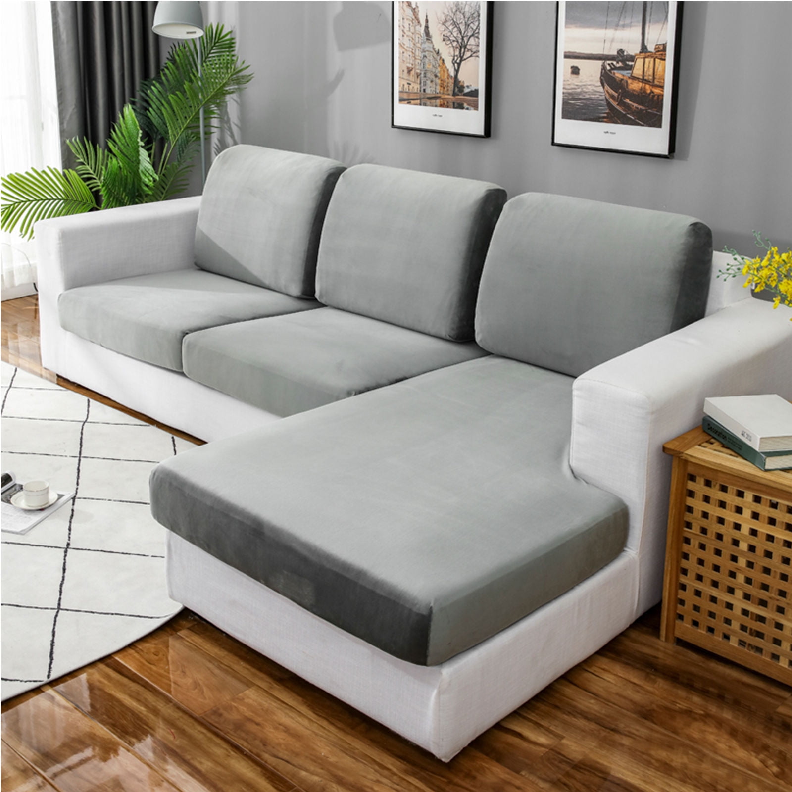 Velvet Stretch Cushion Cover Sofa Slipcover For L-Shaped Sofa Chaise Longue 1 2 3 Cushion Couch Sofa Cover Soft Furniture Protector -Light gray-XL chaise longue(left)