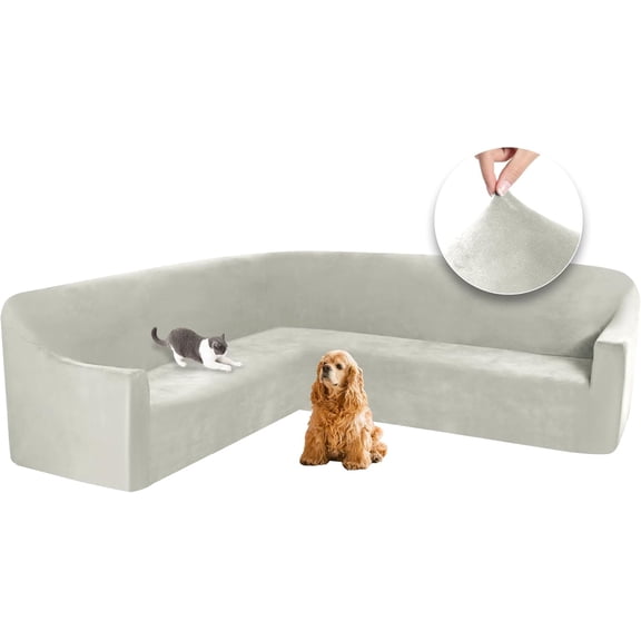 Velvet Stretch Sectional Corner Sofa Cover with Non Slip Foam, Washable U-Shaped Couch Slipcover for Pets, Furniture Protector in Light Grey Large