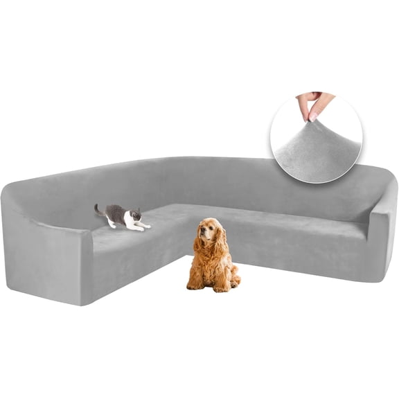 Velvet Stretch Sectional Corner Sofa Cover with Non Slip Foam, Washable U-Shaped Couch Slipcover for Pets, Furniture Protector in Light Grey Large