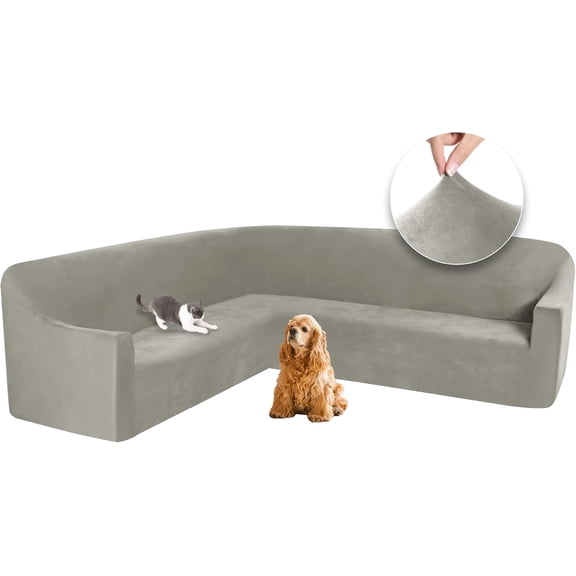Velvet Stretch Sectional Corner Sofa Cover with Non Slip Foam, Washable U-Shaped Couch Slipcover for Pets, Furniture Protector in Light Grey Large