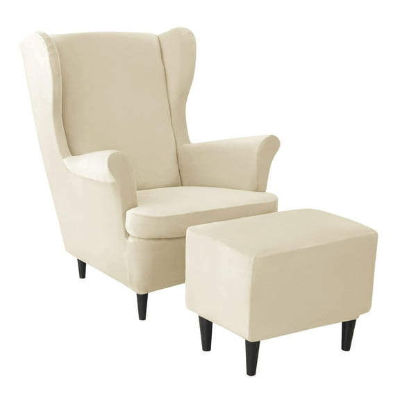 Velvet Stretch Wing Chair Cover Set, Wingback Chair Cover with Ottoman Cover 3 Piece Soft Wingback Chair Slipcover Removable Washable Ottoman Slipcover-Navy Blue-3 Pieces