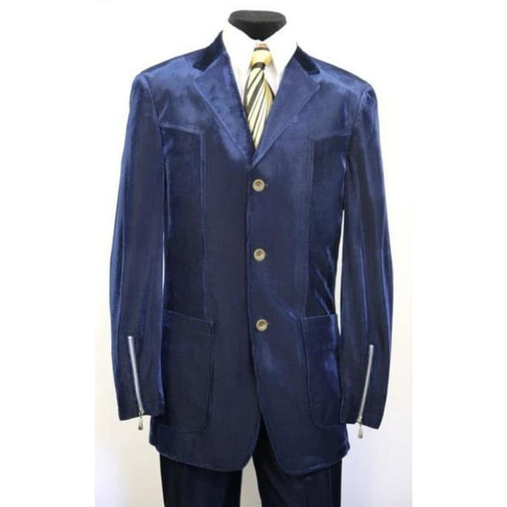Velvet Suits - Patch Pocket = Three Button Suit With Zipper On Sleeve Blue