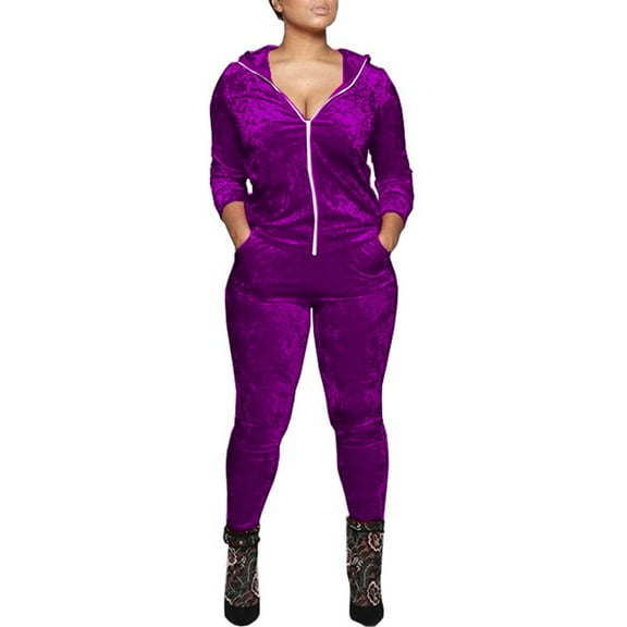 Velvet Sweat Suits Women 2 Piece Tracksuits Outfits Long Sleeve Zip up Hooded Jacket Jogger Pants Cute Comfortable Casual Velour Clothes Purple S