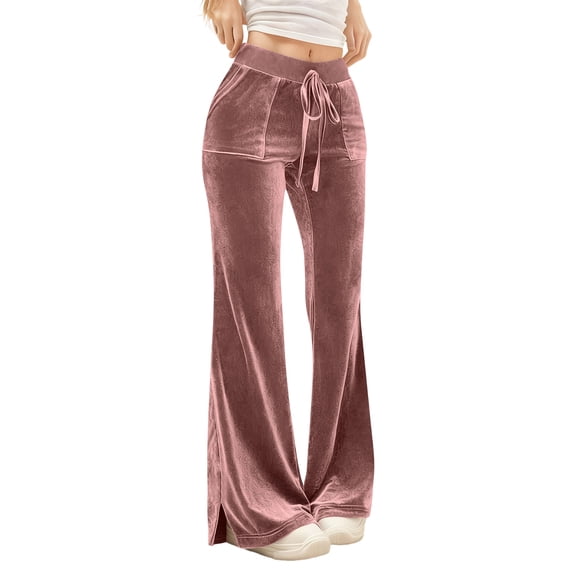 Velvet Sweatpants for Women Wide Leg Elastic High Waist Drawstring Pants with Pockets Fall Winter Comfy Trousers
