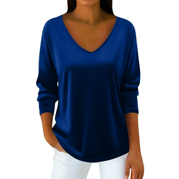 Velvet Sweatshirt Women V Neck Long Sleeve Casual Pullover Soft Warm Shirts Velvet Tops Fall Outfits for Women Blue L