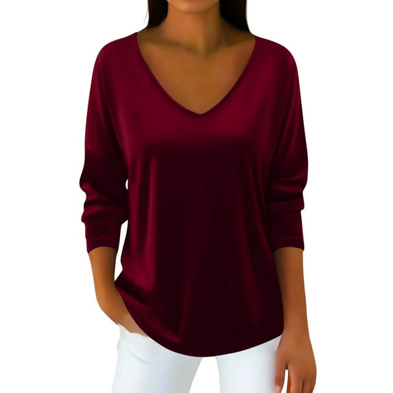 Velvet Sweatshirt Women V Neck Long Sleeve Casual Pullover Soft Warm Shirts Velvet Tops Fall Outfits for Women Wine 2XL