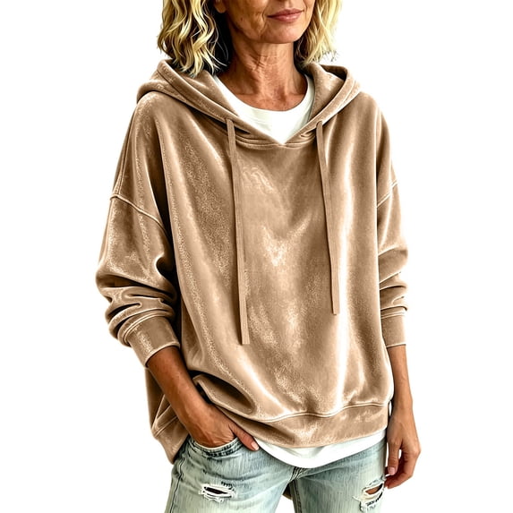 Velvet Sweatshirt for Women Long Sleeve Hooded Drawstring Pullover Tops Fall Winter Casual Oversized Hoodie (2XL, Khaki)