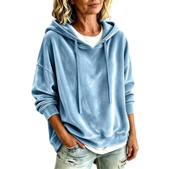 Velvet Sweatshirt for Women Long Sleeve Hooded Drawstring Pullover Tops Fall Winter Casual Oversized Hoodie (M, Light Blue)