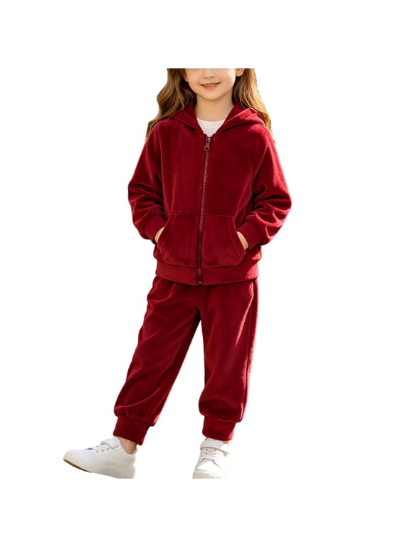 Velvet Sweatsuits Girls Boys 2 Piece Velour Tracksuits Zip-Up Hoodies Jacket Joggers Sweatpants Red, Size 3 Y