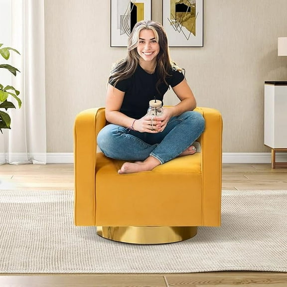 Velvet Swivel Accent Chair Barrel Tub Club 3D Curved Open Back Gold Metal Base Home Living Room Bedroom Mustard