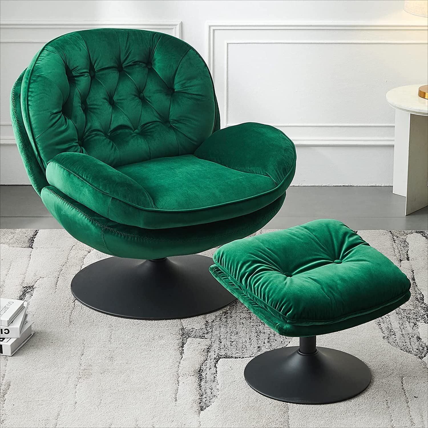 Velvet Swivel Accent Chair with Ottoman for Living Room Bedroom Reading Room Cozy Lounge Armchair Fluffy Round Tufted Back Adult Gifts for Small Room