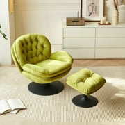 Velvet Swivel Accent Chair with Ottoman for Living Room Bedroom Reading Room, Cozy Lounge Armchair Fluffy Round Tufted Back Adult Gifts for Small Room Lazy Relax Read TV Chair,Apple Green