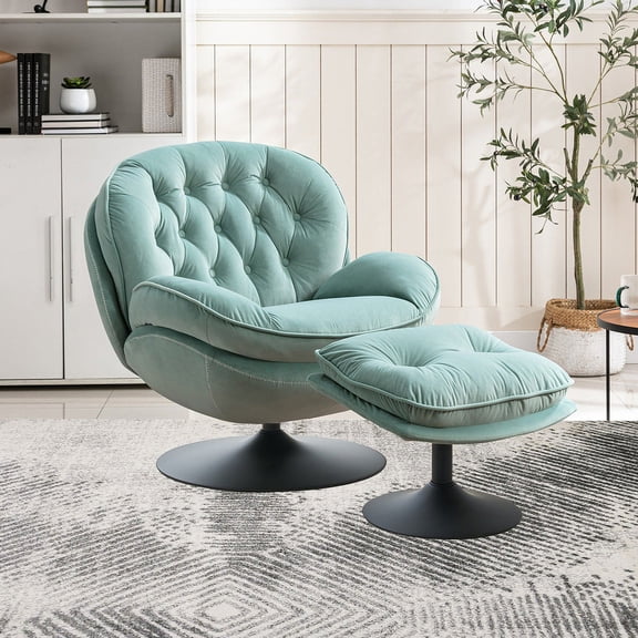Velvet Swivel Accent Chair with Ottoman for Living Room Bedroom Reading Room,Cozy Lounge Armchair Fluffy Round Tufted Back Adult Gifts for Small Room Lazy Relax Read TV Chair,Mint Green