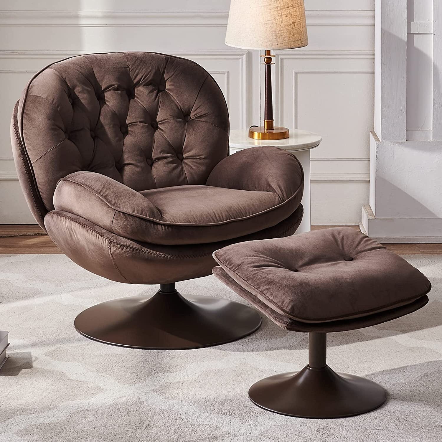 Brown Velvet Swivel Accent Chair with Ottoman, Comfy Lounge Set