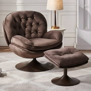 Velvet Swivel Accent Chair with Ottoman for Living Room Bedroom Reading Room, Cozy Lounge Armchair Fluffy Round Tufted Back Adult Gifts for Small Room Lazy Relax Read TV Chair,Brown