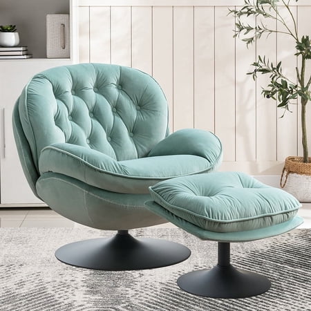 Velvet Swivel Accent Chair with Ottoman for Living Room Bedroom Reading Room,Cozy Lounge Armchair Fluffy Round Tufted Back Adult Gifts for Small Room Lazy Relax Read TV Chair,Teal