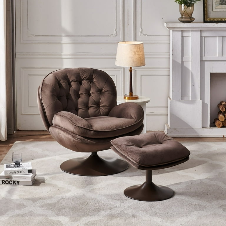 Velvet Swivel Accent Chair with Ottoman Set Comfy Upholstered Lounge Armchair with Metal Base Single Sofa Chair with Buttons Tufted Backrest for Living Room Bedroom Chocolate Walmart