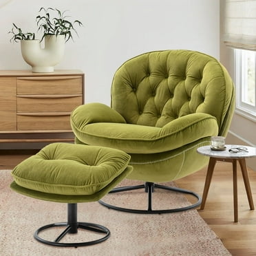 Velvet Swivel Accent Chair with Ottoman Set,Modern Lounge Chair with Footrest, Comfortable 360 Degree Swivel Armchair, Reading Chair for Living Room, Bedroom, Reading Room Fruit Green