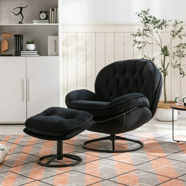 Velvet Swivel Accent Chair with Ottoman Set, Modern Lounge Chair with Footrest and Metal Base Comfy Armchair with 360 Degree Swiveling Single Sofa Chair Accent Chairs for Living Room, Black