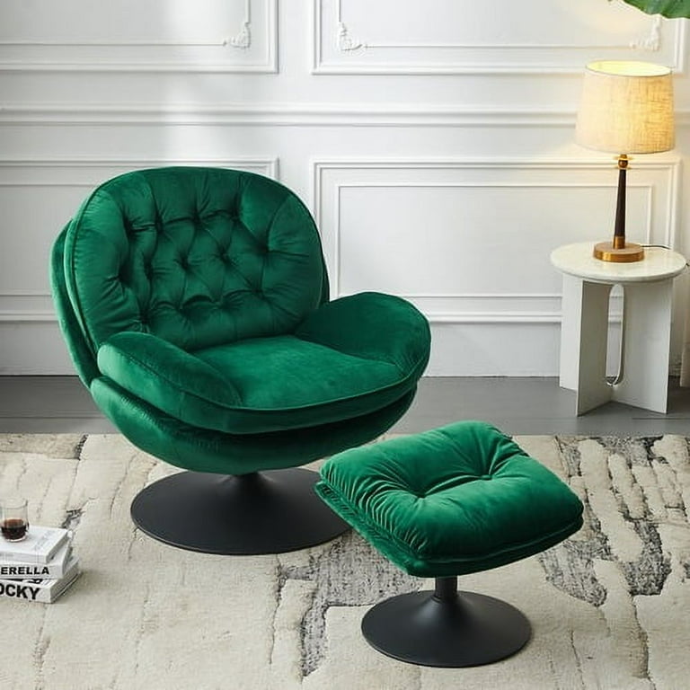 Velvet Swivel Accent Chair with Ottoman Set Modern Lounge Chair with Footrest Comfy Armchair with 360 Degree Swiveling and Large Metal Basefor