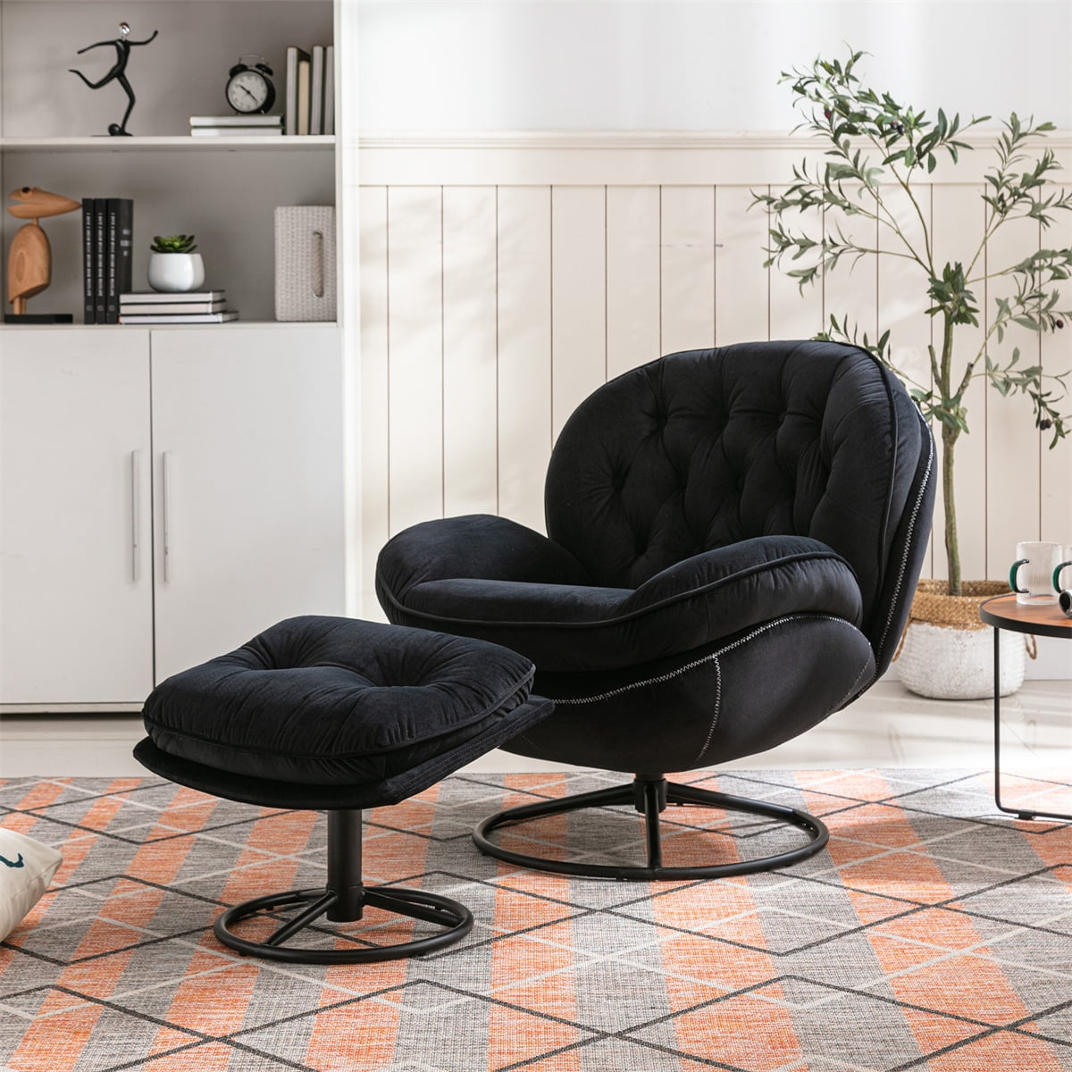 INCLAKE Contemporary Upholstered Foam Velvet Metal MDF Solid Print Swivel Accent Armchair with Ottoman Set Black