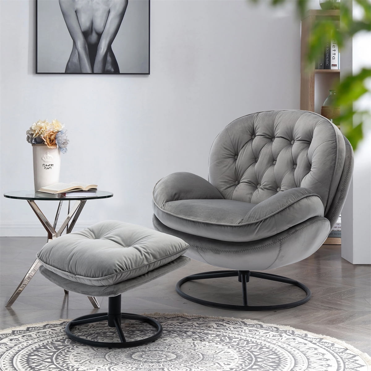Velvet Swivel Accent Chair with Ottoman Set Modern Lounge Chair with Footrest Comfy Armchair with 360 Degree Swiveling for Living Room Bedroom